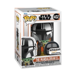 Funko Star Wars The Mandalorian - The Mandalorian Holding Grogu (Chrome) With Pin Exclusive POP! Vinyl Figure